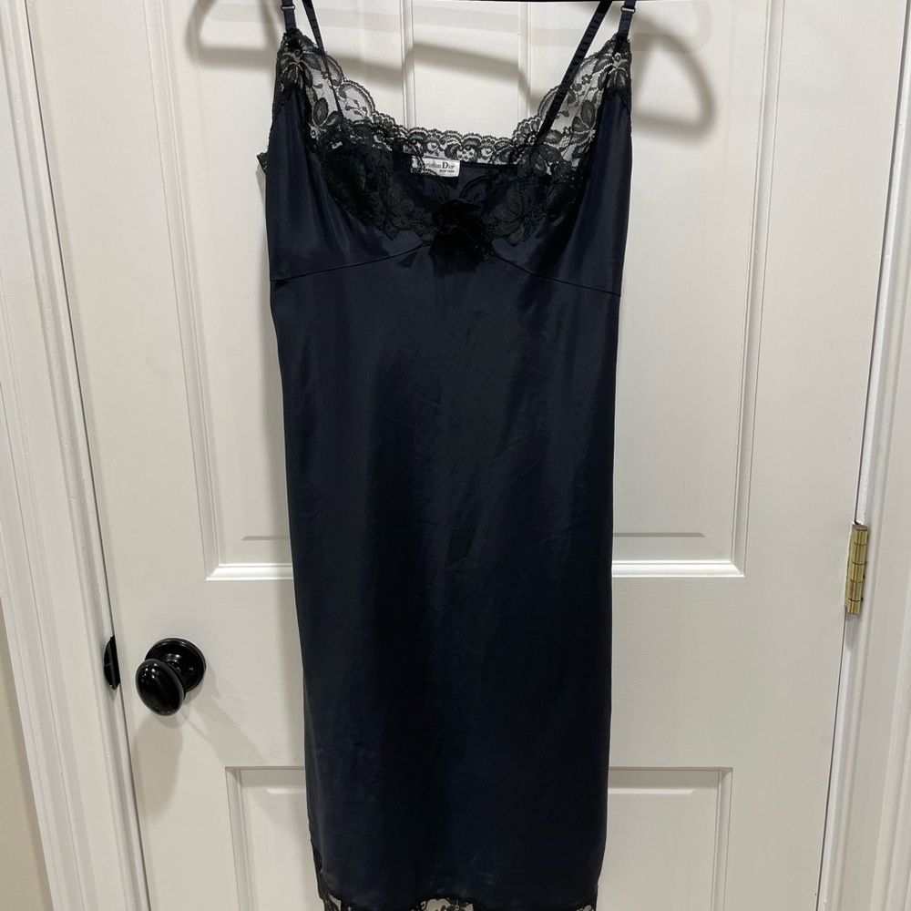 Vintage Christian Dior Elegant Black Lace Trim Slip Dress